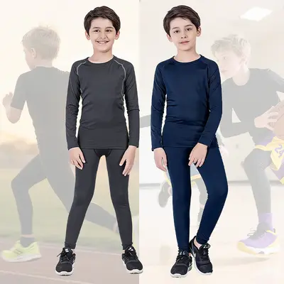 Kids Thermal Underwear Fleece-Lined Compression Suit Training Wear Basketball Football Sports Quick-Dry Base Layer Long Sleeve Cross-Border Hot Seller