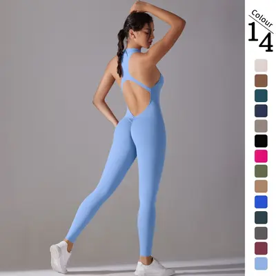 Solid Color High-Stretch Backless Long Yoga Jumpsuit for Women