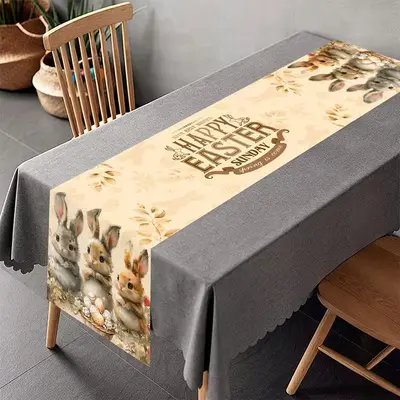 Easter Linen Table Runner with Rabbit Print - 7