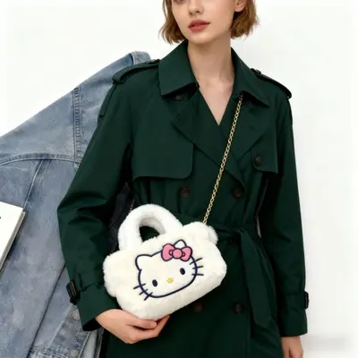 Plush Women's Shoulder Bag with Chain, Cute Cartoon Style - 3