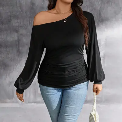 Plus Size Women's T-Shirt with Sloped Collar and Dropped Shoulders, Autumn/Winter