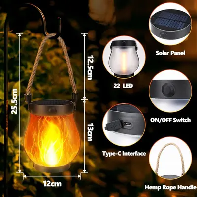 Açık hava güneş enerjili fener, simüle alev titreşimli asılabilir bahçe lambası, USB şarjl