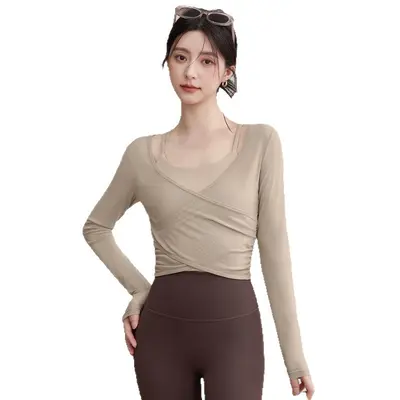 Women's Mesh Yoga Set with Built-in Bra Pad, Long Sleeve Pilates Top - 5