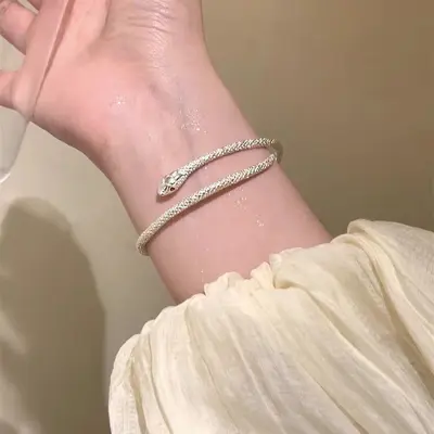Silver snake bracelet, adjustable, textured design - 7