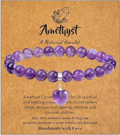 8mm Natural Stone Elastic Beaded Bracelet with Heart Stone Pendant - 9