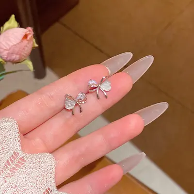 S925 silver needle zircon pearl earrings high fashion bow retro earring design Korean earrings - 10