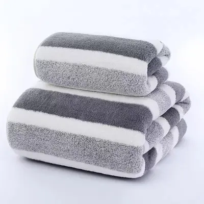 Grenzüberschreitendes Handtuch- und Badetuch-Set, verdickte Korallenfleecequalität, schlichtes dreistreifiges Design, weich, saugfähig, schnelltrocknend, fusselarm - 7