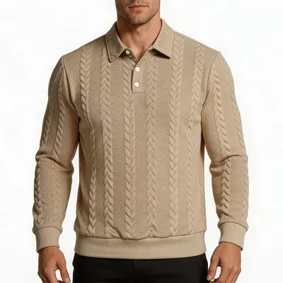 Cross-border KT Men's Lapel POLO Shirt, European and American Autumn/Winter Old Money Style Heavyweight Jacquard Loose Solid Color Casual Sweatshirt