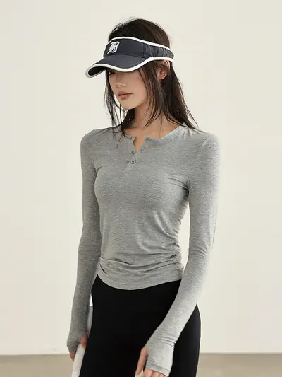 Damen Langarm-Yoga-Shirt mit Stehkragen, figurbetont, Fitnessbekleidung