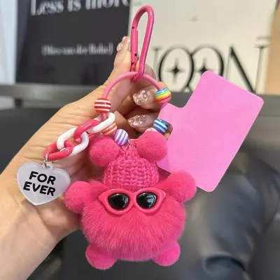 Faux Rabbit Fur Coal Ball Bag Charm and Keychain - 7