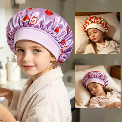 Printed Satin Sleep Bonnet for Women, Wide Elastic Band, Fruit Pattern Hair Cap, Chemo Cap