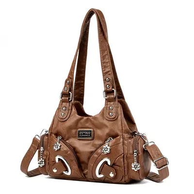 Soft Leather Retro Rivet Shoulder Bag, Large Capacity