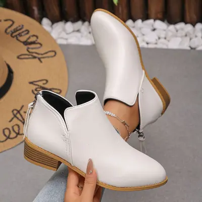 Pointed-Toe Back Zip Short Martin Boots Women's Plus Size Genuine Leather - 9