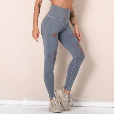 Women's Washed Yoga Leggings, Ripped Seamless High-Waist, Butt-Lifting - 10