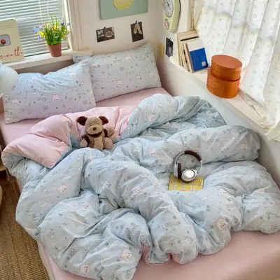 Grade A Mother and Baby Ultra-Soft Four-Piece Water-Washed Cotton Bedding Set with Fitted Sheet Duvet Cover Student Dormitory Three 4-Piece Bed Set A - 9