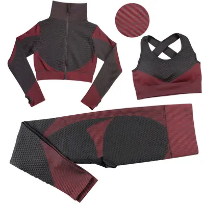 Women's Seamless Zipper Yoga Set, Three-Piece, Long Sleeve, Autumn Winter - 11