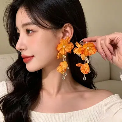 Fabric flower earrings, spring summer style, lightweight luxury - 13