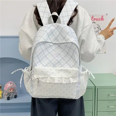 Japanese-Style Schoolbag for Girls, Junior High, Plaid Backpack - 1