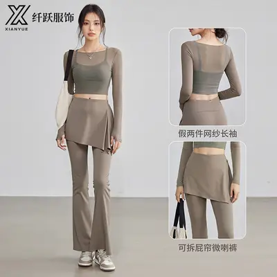 Women's Mesh Fake Two-Piece Yoga Set with Chest Pads, Long Sleeve - 1