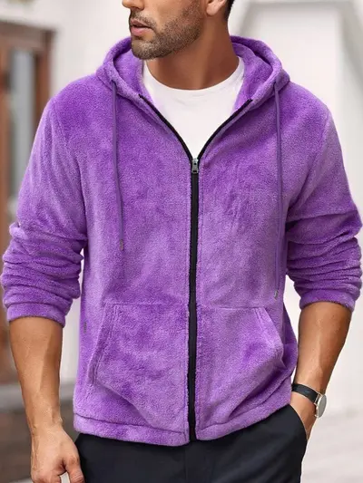 Solid color hooded zip coral fleece jacket for autumn and winter