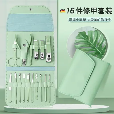 Nail scissors available in stock starting with single piece, green foldable package consisting of 16-piece nail scissors set, complete manicure set, manicure tool kit.