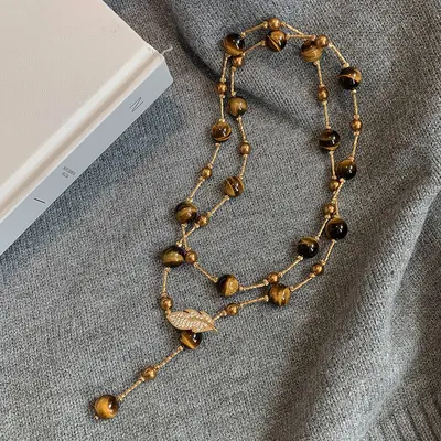 Tigerauge Perlen Pullover-Kette, Vintage Halskette - 4