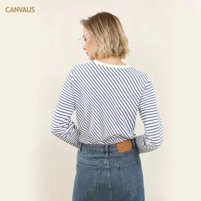 Damen Langarmshirt mit Streifen im Marine-Look, Rundhals, Basic
