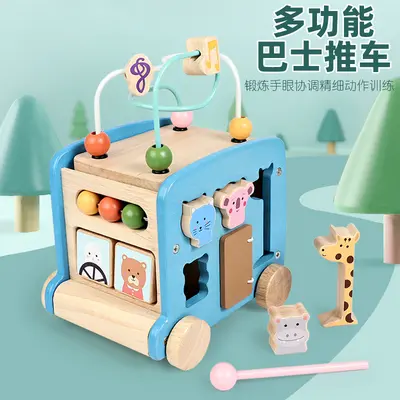 Wooden Six-sided Busy Box Montessori Bus Car Educational Toy
