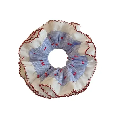 Doppellagiges Haargummi in Kaffeeblau mit Streifen und Spitze