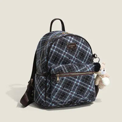 2026 Blue Plaid Star Print Backpack, Campus Style Schoolbag - 2