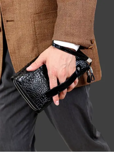 Black Crocodile Pattern Men's Clutch Bag with Flap and Double Zipper