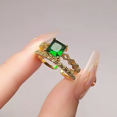 Retro Chinese Style Women's Ring, Square Sapphire, 24K Gold Plated, Red Diamond