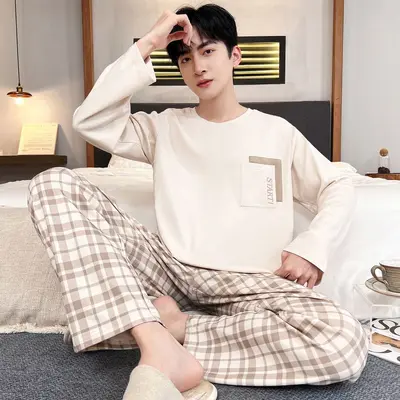 Erkek uzun kollu yuvarlak yaka pijama takımı, ilkbahar ve sonbahar