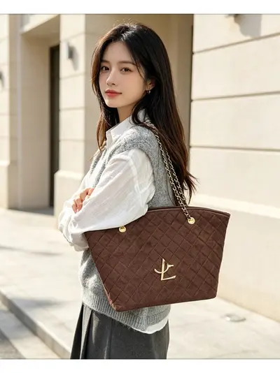 Damen-Tote-Bag groß, Vintage-Rautensteppung - 3
