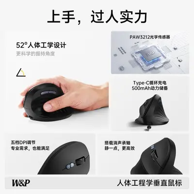 W&P无线蓝牙鼠标静音人体工学垂直办公适用MAC笔记本礼品定制团购