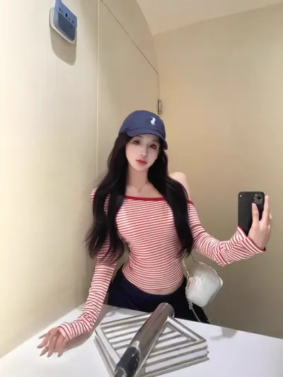 Women's Color-Block Striped Long-Sleeve Asymmetric Shoulder T-Shirt