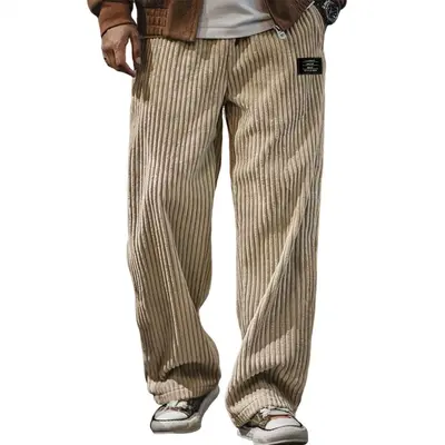 Erkek Retro Kadife Nakışlı Düz Paça Rahat Pantolon, Bol Kesim - 8