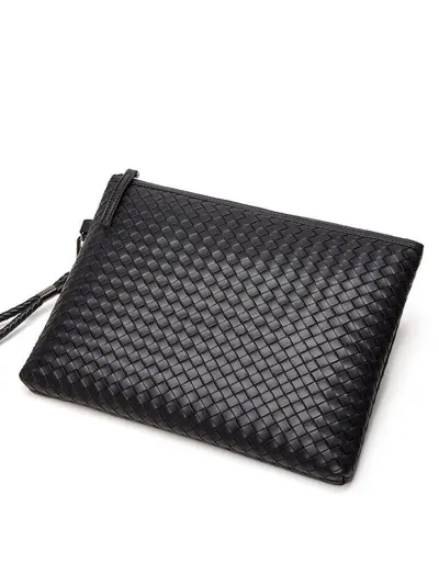 Men's Woven Clutch Bag, Soft Leather, Waterproof Zipper Wrist Bag - 4