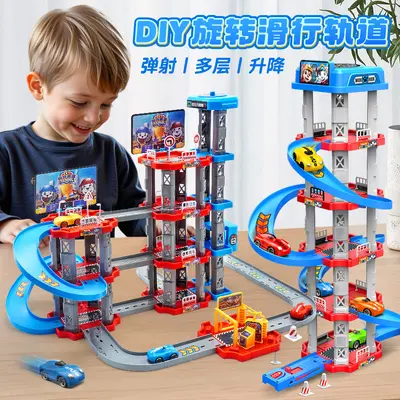 Çocuk tren yolu oyuncağı otopark binası, DIY yapı seti ve kaydıraklı araba - 3