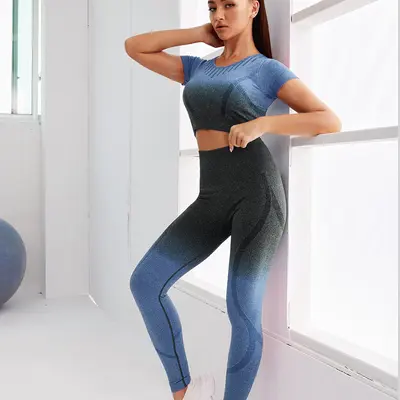 Women's Gradient Seamless Yoga Set, Long Pants and Short Sleeve T-Shirt - 9
