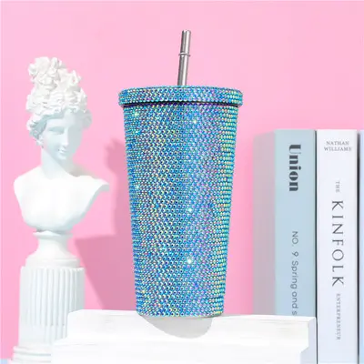 Doppelwandiger Edelstahlbecher mit Trinkhalm, Diamantbeschichtung, Geschenk - 13