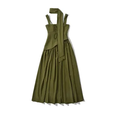 Damen-Trägerkleid, langer Rock mit hohem Schlitz, Taillenfalten
