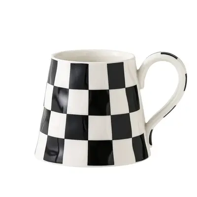 Ceramic Mug Black and White with Gold Rim Checkered Stripes Polka Dots