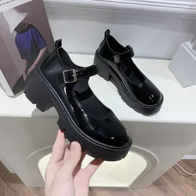 Women's 2022 Spring British College Style Glossy Leather Mary Jane Shoes, Thick Sole