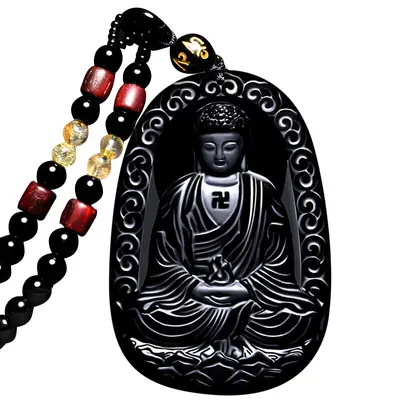 Halskette mit natürlichem Obsidian-Buddha-Anhänger, 12 Tierkreiszeichen