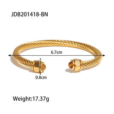 Natural Stone Titanium Steel Open Bangle, Non-Fading - 8