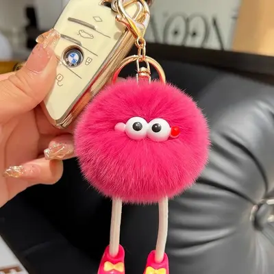 Long-legged imitation Rex rabbit plush keychain, small charcoal ball pendant - 5