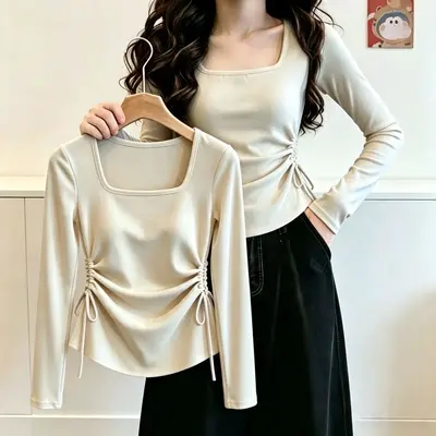 Damen-Langarmshirt mit eckigem Ausschnitt, schmal machender Schnitt, unregelmäßige Falten - 10
