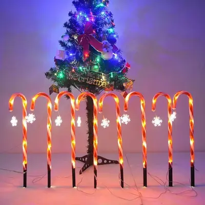 Solar LED Christmas Candy Cane Light String, Lawn Snowflake Stake Light - 9