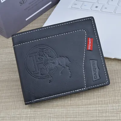 Men's Retro Short Zip Wallet with Embossed Finish and Multi-Card Holder - 7